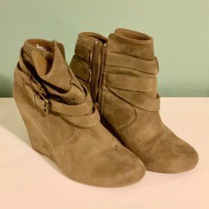 Nine West Tan Suede Wedge Booties With Faux Strap